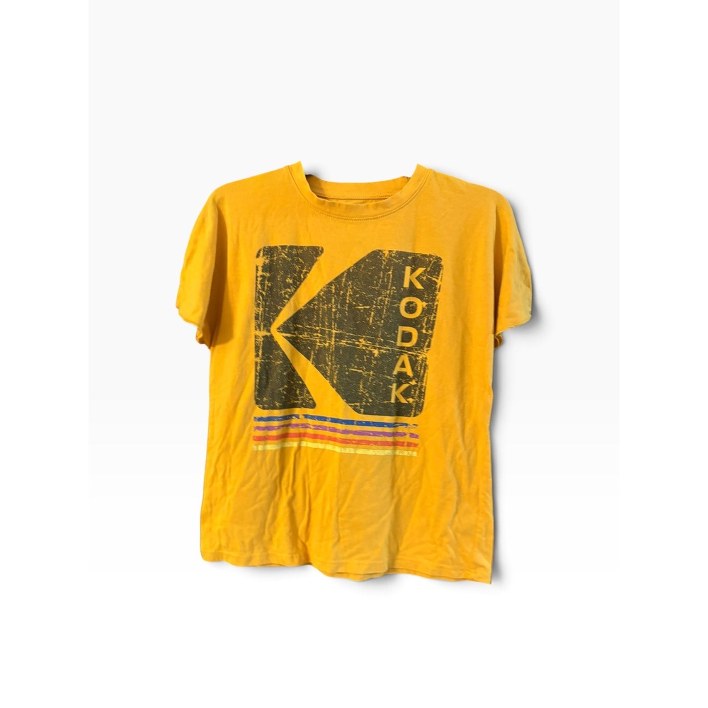 Kodak Graphic Tee Yellow Distressed Logo Retro Rainbow Stripe Shirt Small